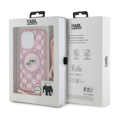 MagSafe Case for Apple iPhone 15 Pro Max, Karl Lagerfeld, IML Crossbody Monogram Karl & Choupette's Heads, Pink