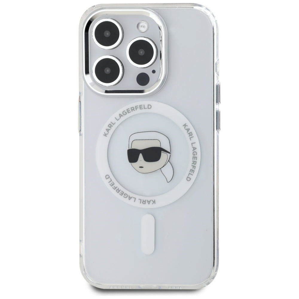 MagSafe Case for Apple iPhone 15 Pro Max, Karl Lagerfeld, IML Metal Karl's Head, White