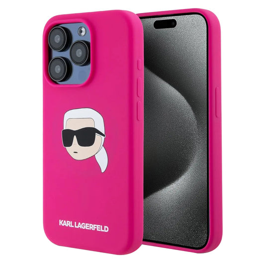 MagSafe Case for Apple iPhone 15 Pro Max, Karl Lagerfeld, Silicone Karl's Head, Fuchsia