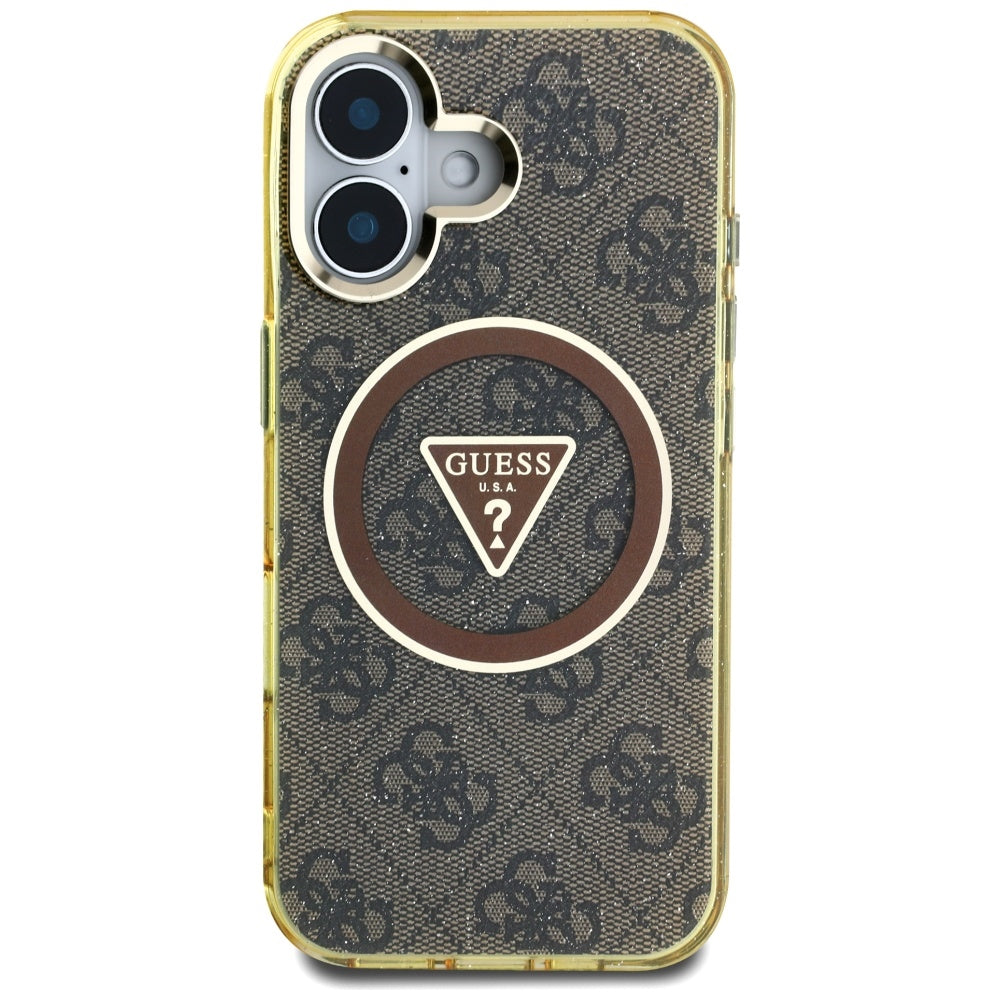 MagSafe Case for Apple iPhone 16, Guess, IML Glitter 4G Circle Triangle, Brown