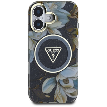 MagSafe Case for Apple iPhone 16, Guess, IML Metal Glitter Flowers Triangle, Black