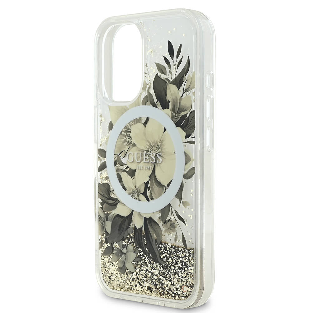 MagSafe Case for Apple iPhone 16, Guess, Liquid Glitter Flower, Beige