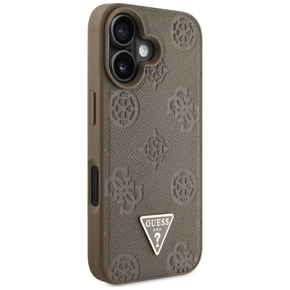 MagSafe Case for Apple iPhone 16, Guess, Peony Grained Hot Stamp Triangle, Brown