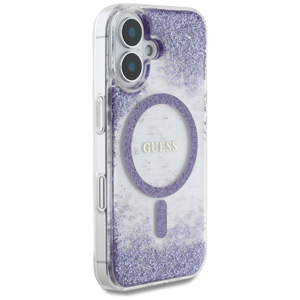 MagSafe Case for Apple iPhone 16, Guess, Resin Bottom Glitter, Purple