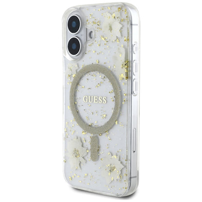 MagSafe Case for Apple iPhone 16, Guess, Resin Flowers and Glitter, Beige
