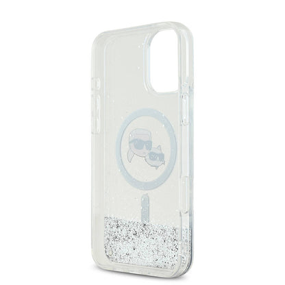 MagSafe Case for Apple iPhone 16, Karl Lagerfeld, Glitter Liquid Karl & Choupette's Heads, Transparent