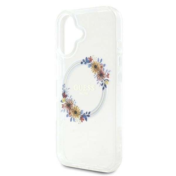 MagSafe Case for Apple iPhone 16 Plus, Guess, IML Flowers Wreath, Transparent