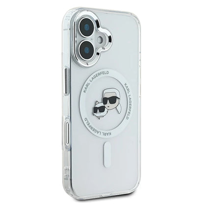 MagSafe Case for Apple iPhone 16 Plus, Karl Lagerfeld, IML Metal Karl & Choupette's Heads, White