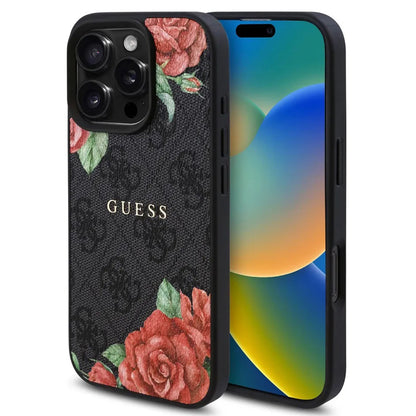 MagSafe Case for Apple iPhone 16 Pro, Guess, 4G Flowers Print, Black