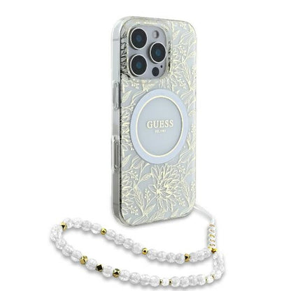 MagSafe Case for Apple iPhone 16 Pro, Guess, IML Flowers Allover Electroplated with Pearl Strap, White