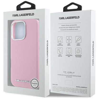 MagSafe Case for Apple iPhone 16 Pro, Karl Lagerfeld, Saffiano Full Wrapped Elongated Metal Logo, Pink