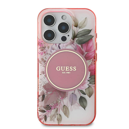 MagSafe Case for Apple iPhone 16 Pro Max, Guess, IML Flower & Tonal Circle, Pink