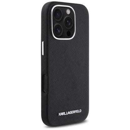 MagSafe Case for Apple iPhone 16 Pro Max, Karl Lagerfeld, Saffiano Full Wrapped Elongated Metal Logo, Black