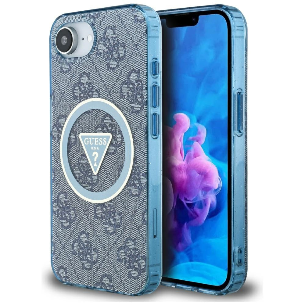 MagSafe Case for Apple iPhone 16e, Guess, IML Glitter 4G Circle Triangle, Blue