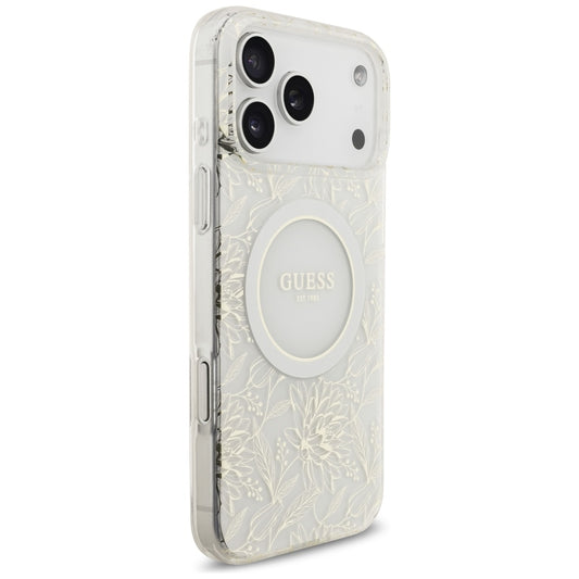 MagSafe Case for Apple iPhone 17 Pro Max, Guess, IML Flowers Allover Electroplated with Pearl Strap, White