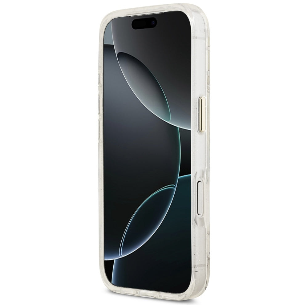 MagSafe Case for Apple iPhone 17 Pro Max, Guess, IML Metal Glitter Flowers Triangle, White