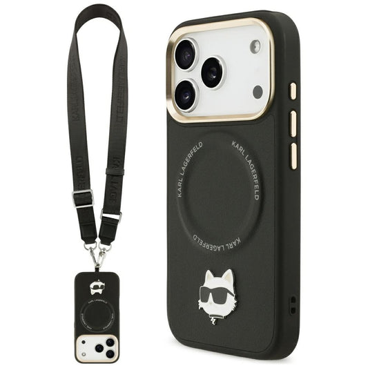 MagSafe Case for Apple iPhone 17 Pro Max, Karl Lagerfeld, Big Strap Choupette Metal Logo, Black