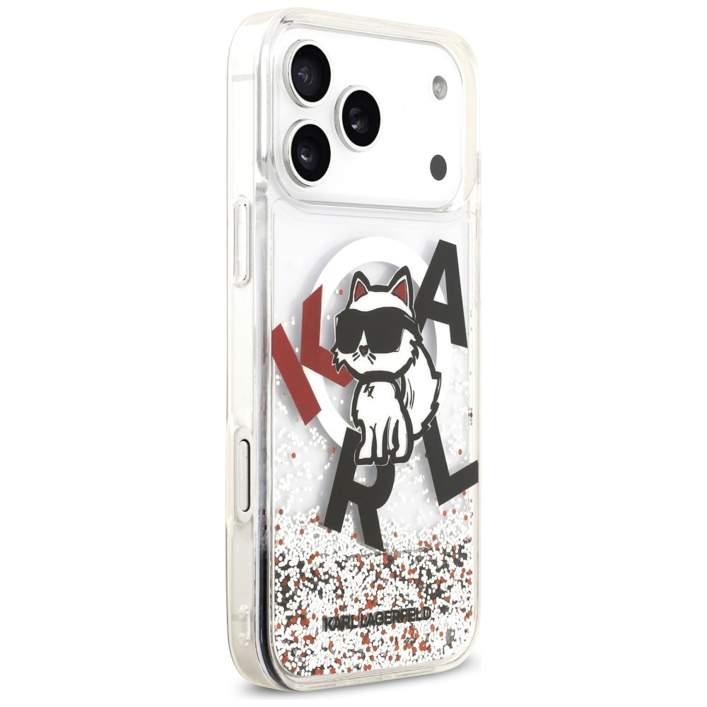 MagSafe Case for Apple iPhone 17 Pro Max, Karl Lagerfeld, Liquid Glitter Logo Choupette, Transparent