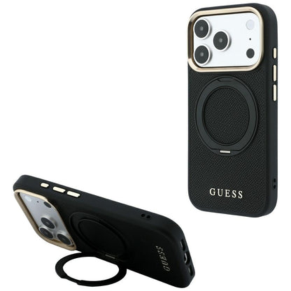 MagSafe Case for Apple iPhone 18 Pro / 17 Pro, Guess, Grained Ring Stand 360 Classic, Black
