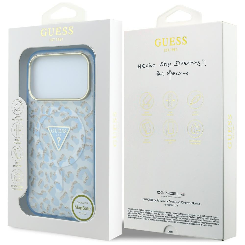 MagSafe Case for Apple iPhone 18 Pro / 17 Pro, Guess, Leopard Glitter Triangle Logo, Blue
