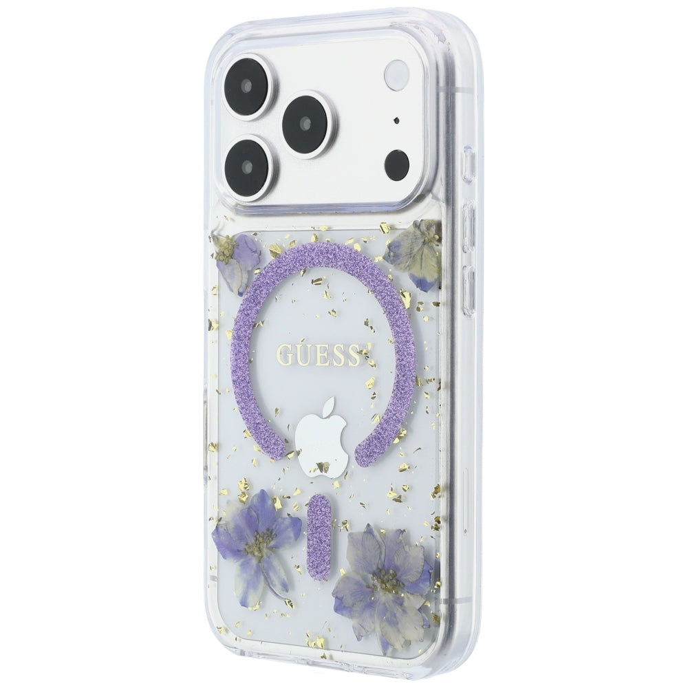 MagSafe Case for Apple iPhone 18 Pro / 17 Pro, Guess, Resin Flowers and Glitter, Purple