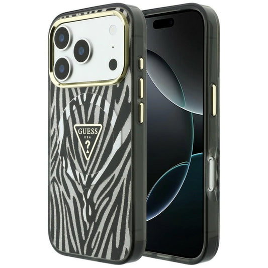 MagSafe Case for Apple iPhone 18 Pro / 17 Pro, Guess, Zebra Glitter Triangle Logo, Silver