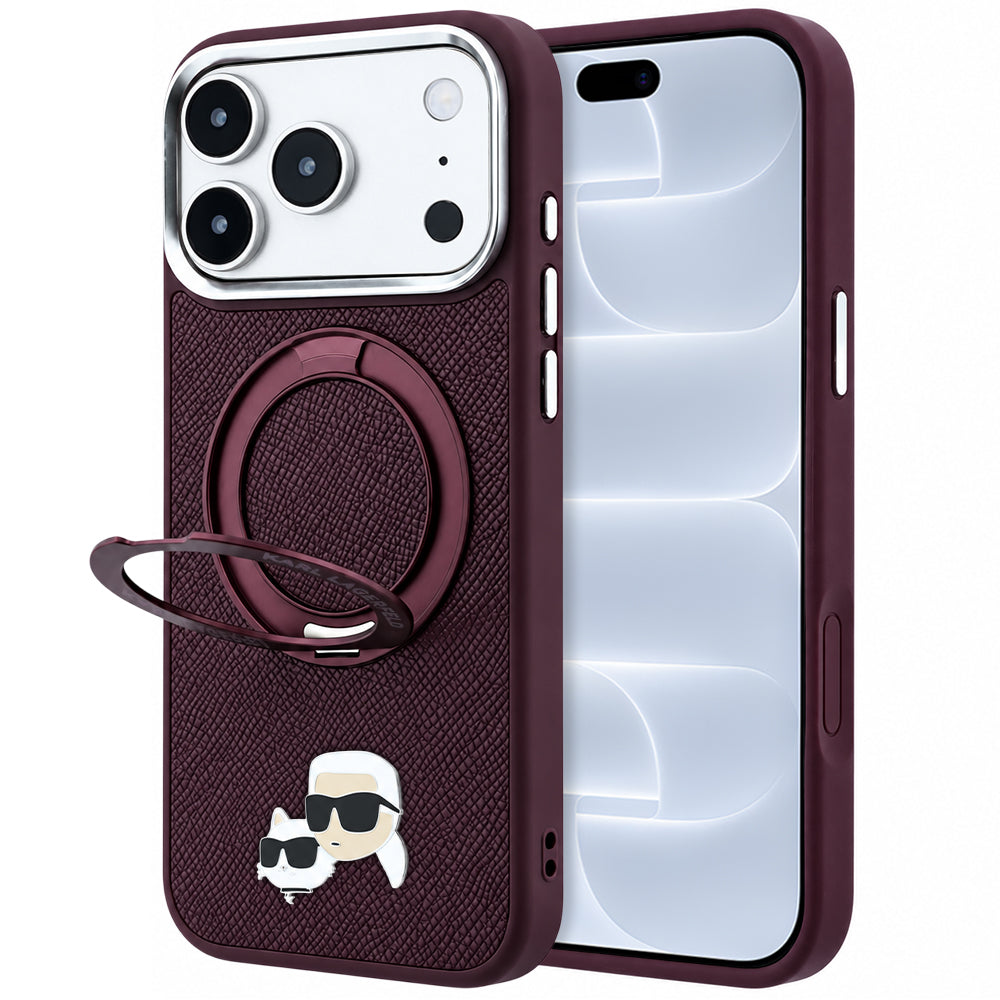 MagSafe Case for Apple iPhone 18 Pro / 17 Pro, Karl Lagerfeld, Ring Stand 360 Karl & Choupette Pin, Burgundy