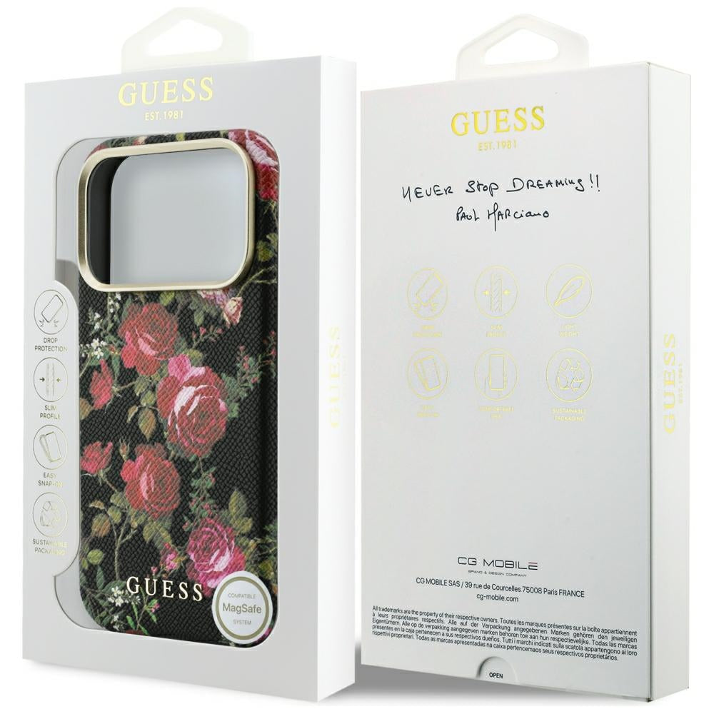 MagSafe Case for Apple iPhone 18 Pro Max / 17 Pro Max, Guess, Blossom Roses Print, Black
