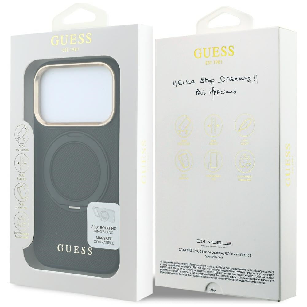 MagSafe Case for Apple iPhone 18 Pro Max / 17 Pro Max, Guess, Grained Ring Stand 360 Classic, Black