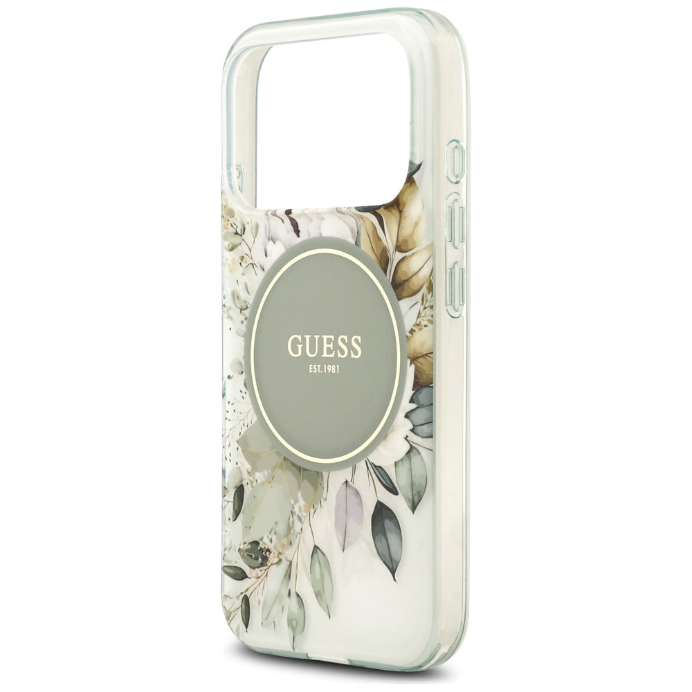 MagSafe Case for Apple iPhone 18 Pro Max / 17 Pro Max, Guess, IML Flowers with Pearl Strap, Green