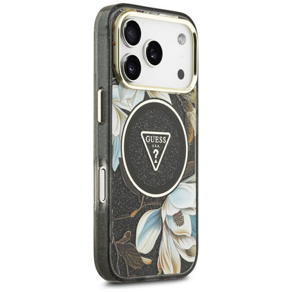 MagSafe Case for Apple iPhone 18 Pro Max / 17 Pro Max, Guess, IML Metal Glitter Flowers Triangle, Black