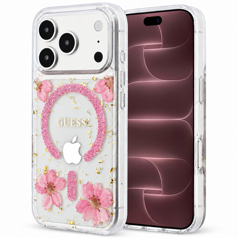 MagSafe Case for Apple iPhone 18 Pro Max / 17 Pro Max, Guess, Resin Flowers and Glitter, Pink