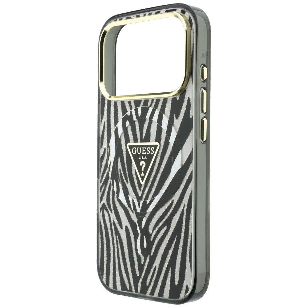 MagSafe Case for Apple iPhone 18 Pro Max / 17 Pro Max, Guess, Zebra Glitter Triangle Logo, Silver