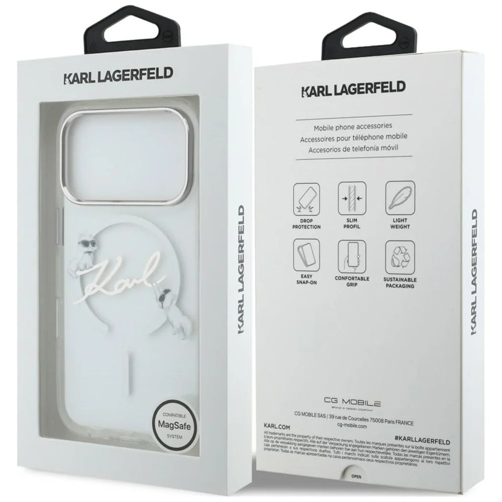 MagSafe Case for Apple iPhone 18 Pro Max / 17 Pro Max, Karl Lagerfeld, IML Choupette Karl Script Logo, Transparent