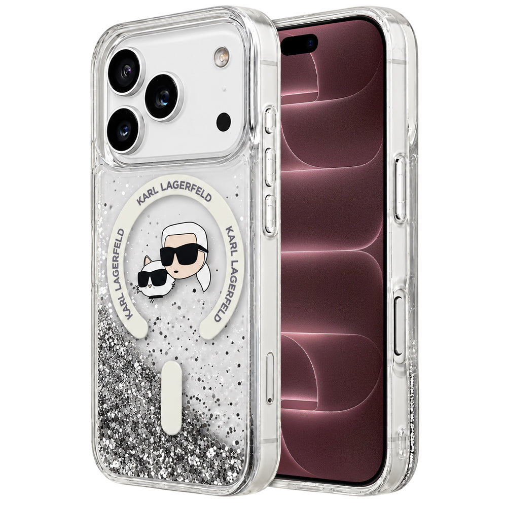 MagSafe Case for Apple iPhone 18 Pro Max / 17 Pro Max, Karl Lagerfeld, Liquid Glitter Karl & Choupette Head's, Transparent