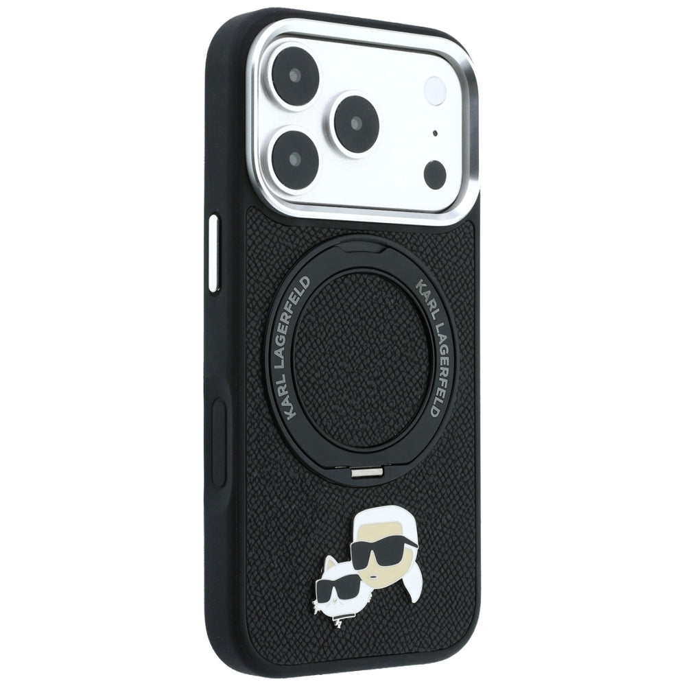 MagSafe Case for Apple iPhone 18 Pro Max / 17 Pro Max, Karl Lagerfeld, Ring Stand 360 Karl & Choupette Pin, Black