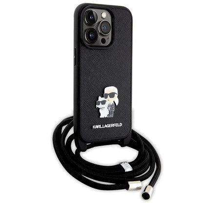 Case for Apple iPhone 14 Pro, Karl Lagerfeld, Saffiano Crossbody Metal Pin Karl & Choupette, Black