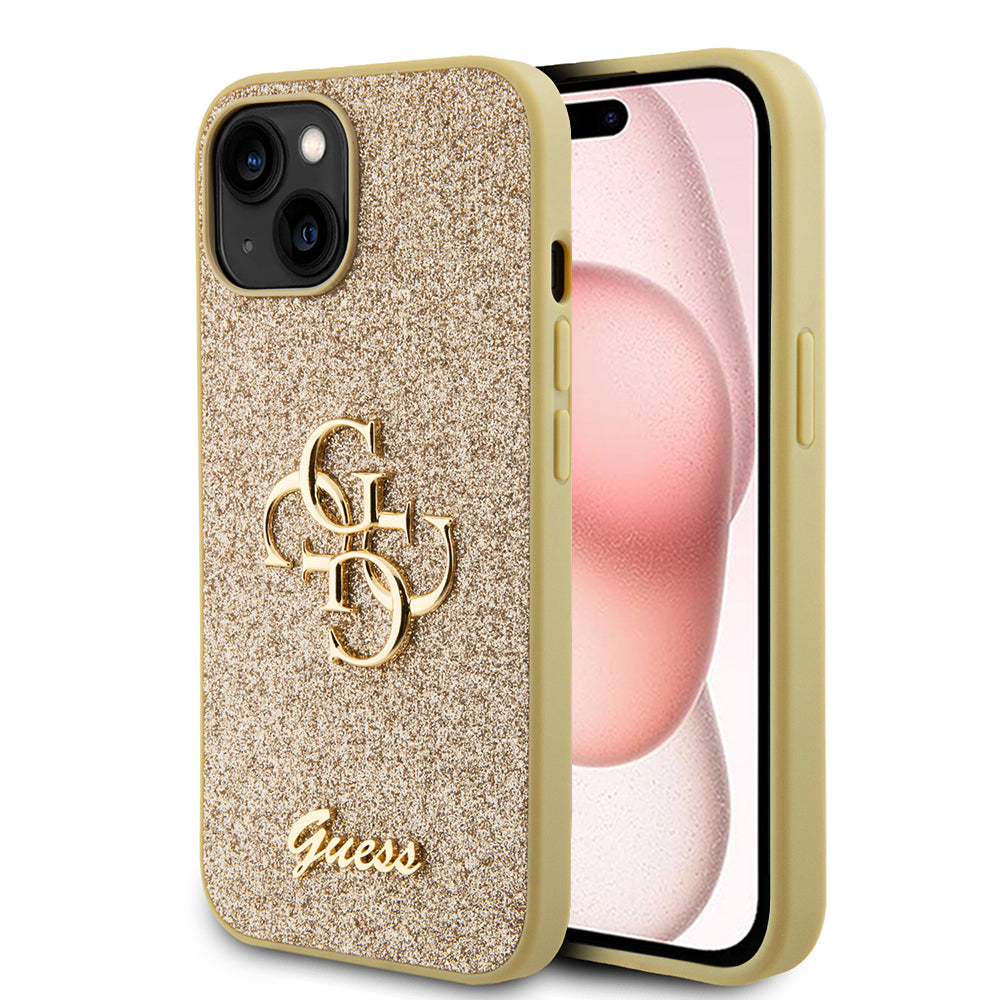 Case for Apple iPhone 15, Guess, Glitter Big 4G Script, Gold