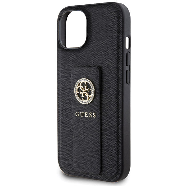 Case for Apple iPhone 15, Guess, Grip Stand 4G Saffiano Strass, Black