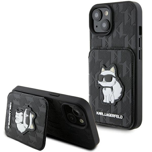 Case for Apple iPhone 15, Karl Lagerfeld, Saffiano Cardslots and Stand Monogram Choupette, Black
