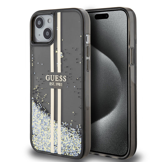 Case for Apple iPhone 15 Plus, Guess, Liquid Glitter Gold Stripes, Black
