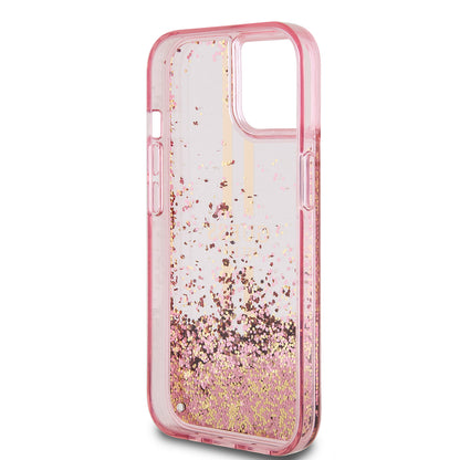 Case for Apple iPhone 15 Plus, Guess, Liquid Glitter Gold Stripes, Pink