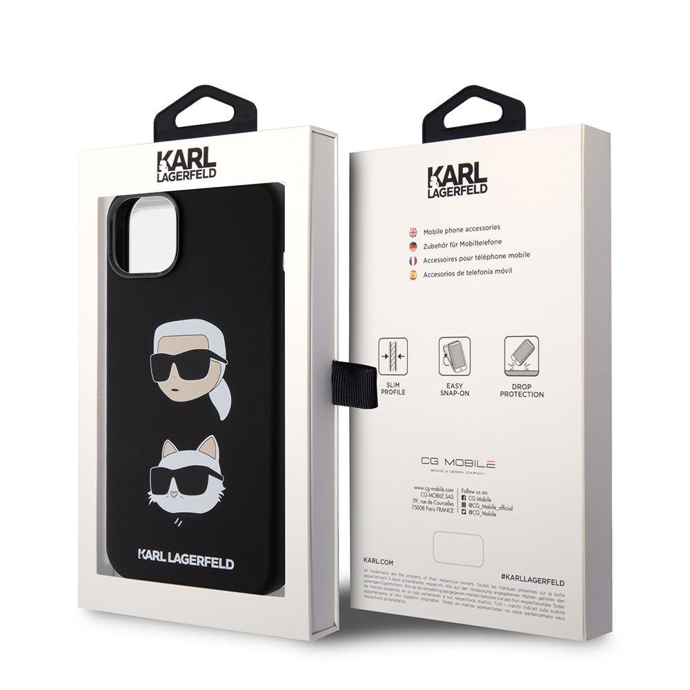 Case for Apple iPhone 15 Plus, Karl Lagerfeld, Silicone Karl & Choupette's Heads, Black