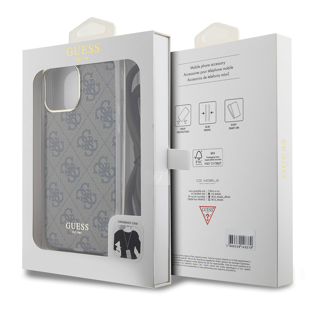 Case for Apple iPhone 15 Pro, Guess, Crossbody Cord 4G Print, Brown