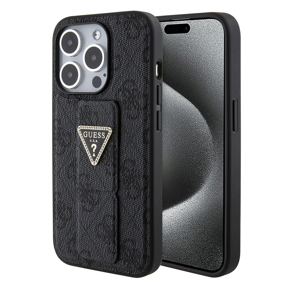 Case for Apple iPhone 15 Pro, Guess, Grip Stand 4G Triangle Strass, Black