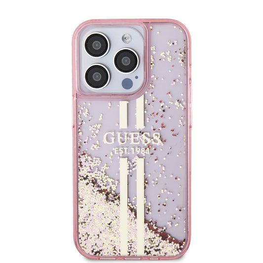 Case for Apple iPhone 15 Pro, Guess, Liquid Glitter Gold Stripes, Pink