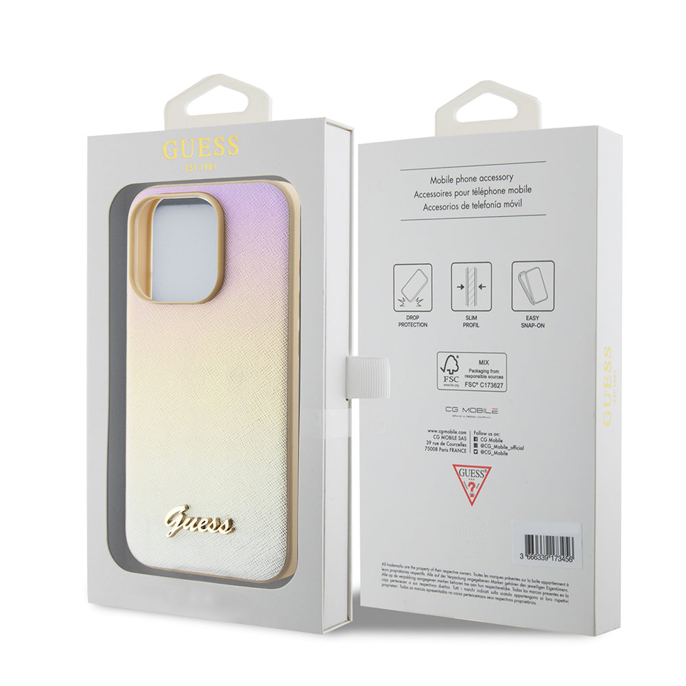 Case for Apple iPhone 15 Pro Max, Guess, Saffiano Iridescent Script, Gold
