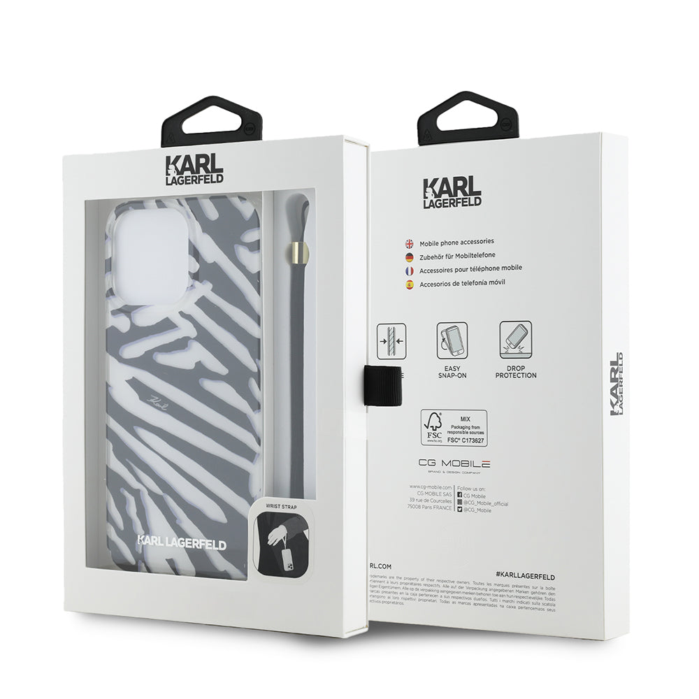 Case for Apple iPhone 15 Pro Max, Karl Lagerfeld, IML Luxury Zebra Pattern with Strap, Black