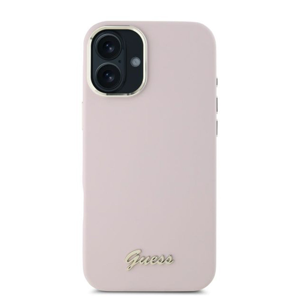 Case for Apple iPhone 16, Guess, Script Metal Logo & Frame, Pink