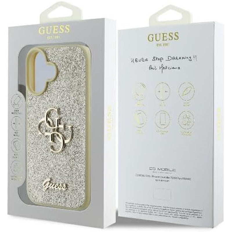 Case for Apple iPhone 16 Plus, Guess, Fixed Glitter Big 4G, Gold